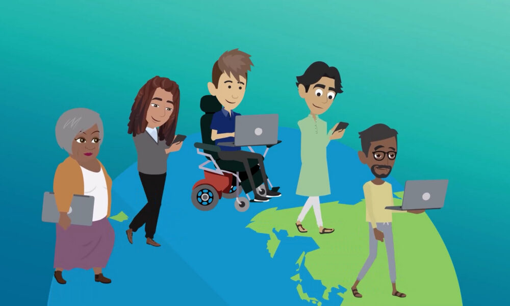 Diverse people from around the world using digital devices.