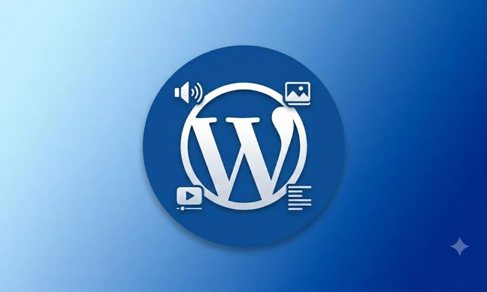 WordPress logo surrounded by multimedia icons.