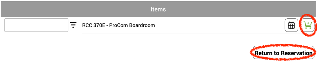 A screenshot displaying an 'Items' list with 'RCC 370E - ProCom Boardroom', a highlighted shopping cart icon, and a highlighted 'Return to Reservation' button.