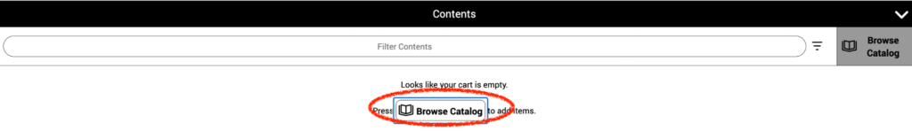 An empty cart page with a highlighted 'Browse Catalog' button.