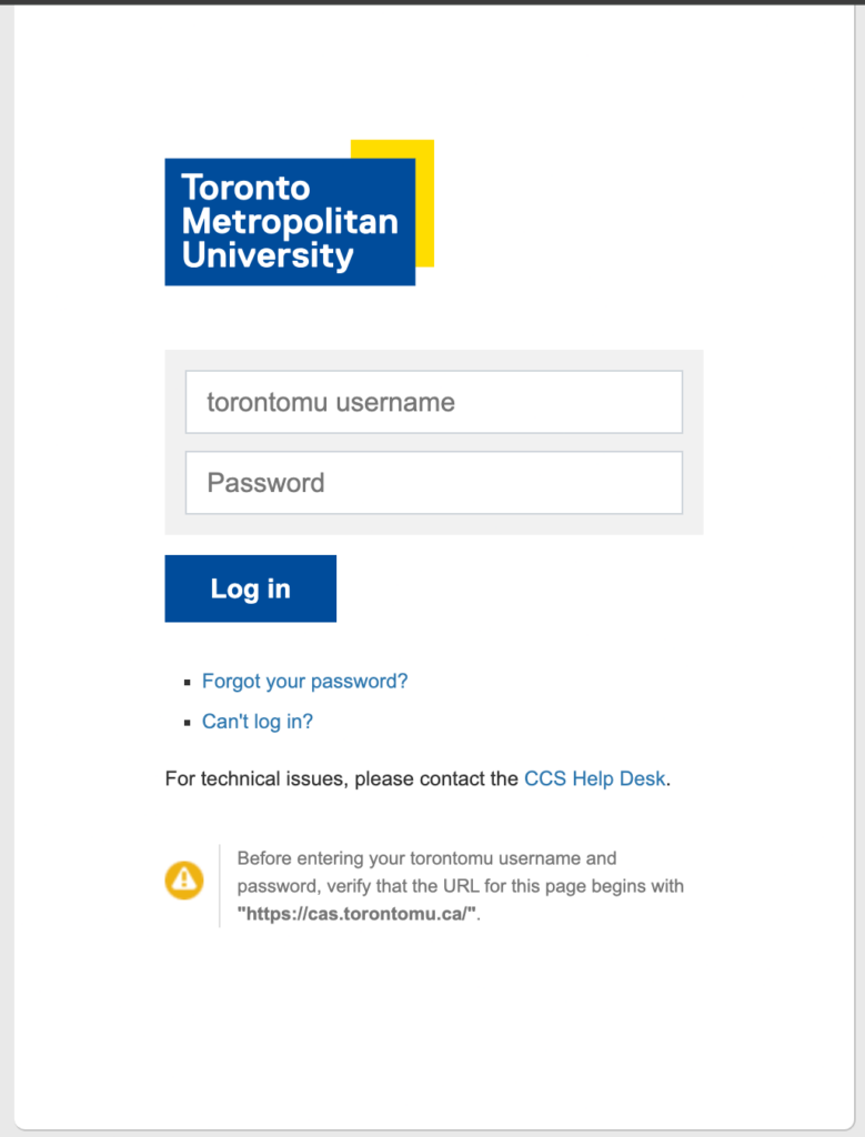 Login page for Toronto Metropolitan University with username and password fields.