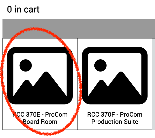 Interface showing '0 in cart' and two entries, 'ProCom Board Room' and 'ProCom Production Suite', with the first circled in red.