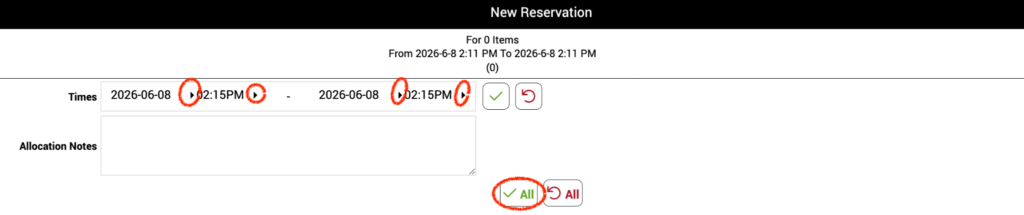New Reservation form with date and time pickers for 2026-06-08 at 02:15 PM, and allocation notes.