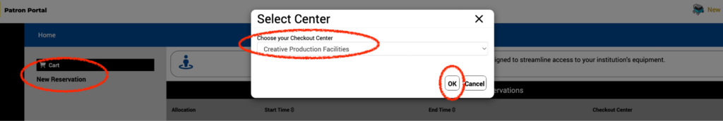 UI screenshot of a 'Patron Portal' with 'New Reservation' selected, showing a 'Select Center' modal. The modal has 'Creative Production Facilities' selected in a dropdown and the 'OK' button highlighted.