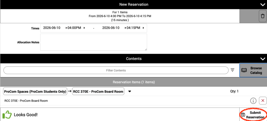 A reservation form displaying a 15-minute booking for the ProCom Board Room and a 'Submit Reservation' button highlighted in red.