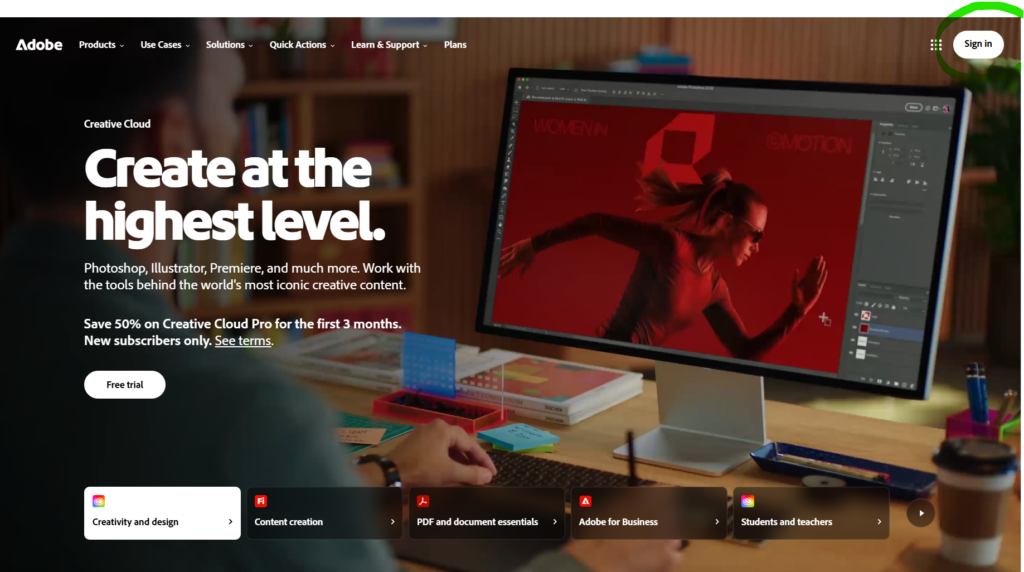 Adobe CC Sign in Button on the top right