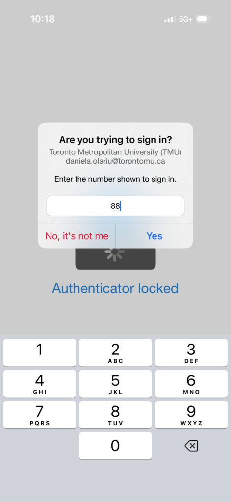 Phone screen with MFA authenticator and field to put the number