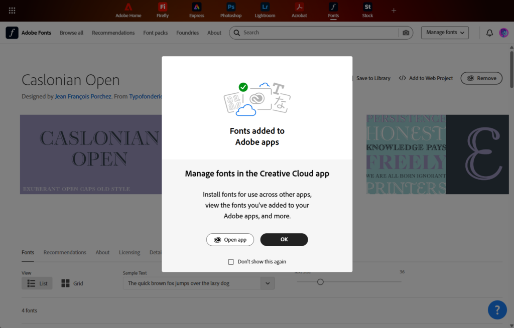 Adobe Fonts Webpage Confirmation Window