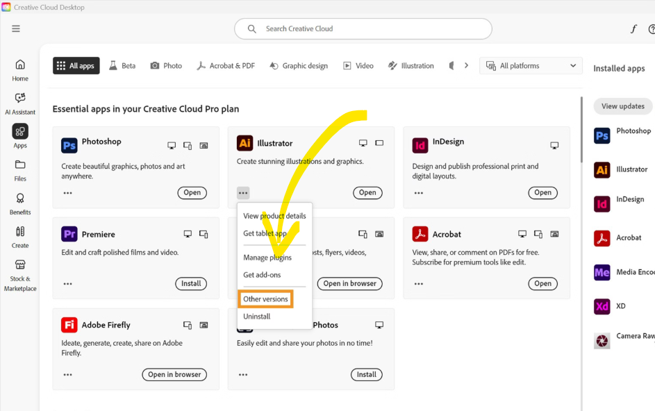 The context menu that has the other versions button