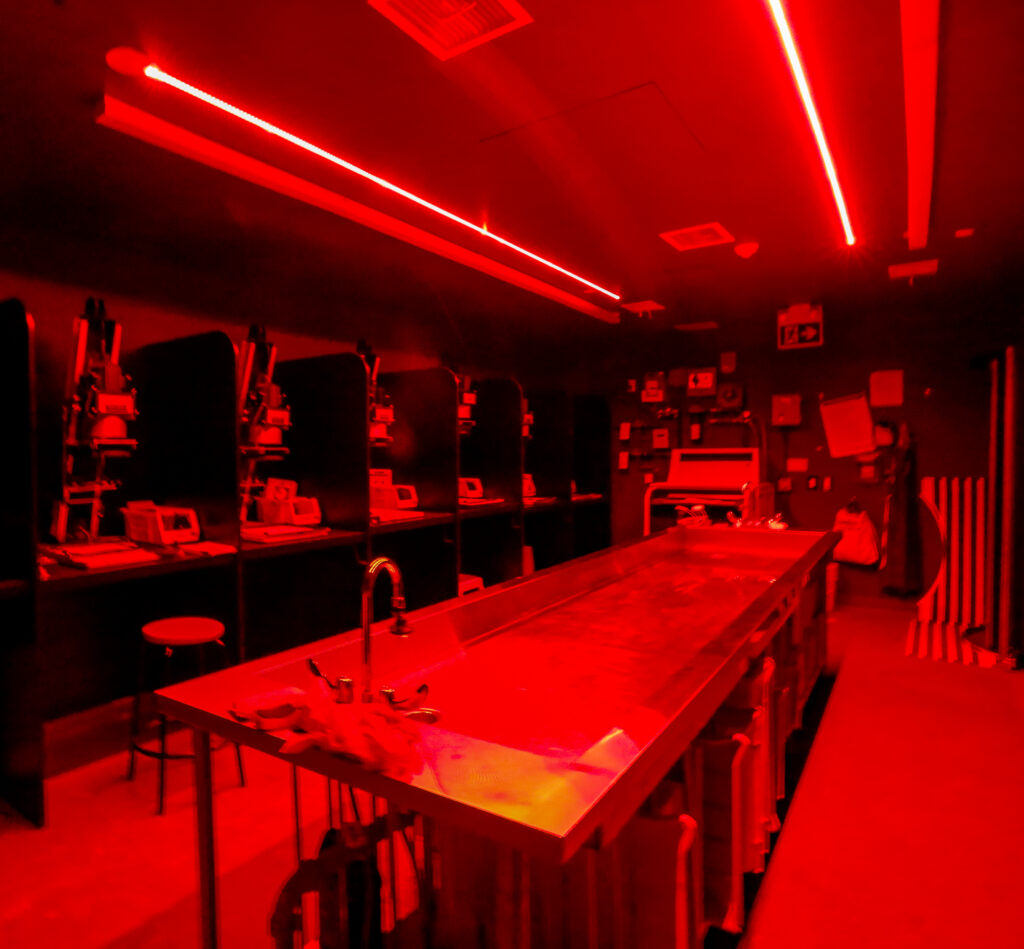 An analog photography darkroom bathed in glowing red safelight, featuring several enlarger stations on the left and a central stainless steel processing sink.