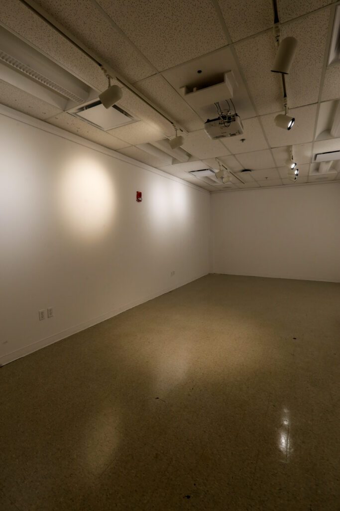 An empty, well-lit room with white walls, a speckled brown floor, drop ceiling, track lighting, and a ceiling-mounted projector, possibly a classroom or gallery space.