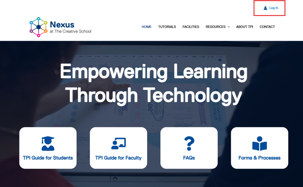 A webpage for 'Nexus at The Creative School' featuring the headline 'Empowering Learning Through Technology' and a 'Log In' button.