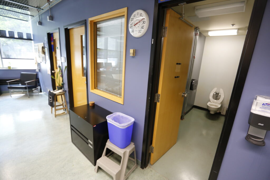 An office or institutional hallway with purple walls, featuring a large window, a thermometer, a hand sanitizer dispenser, and an open restroom door revealing a toilet inside.